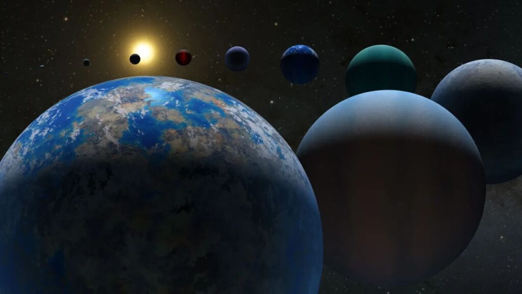 Several planets are seen in this illustration. The one closest to the viewer is large, and they gradually get smaller as you get farther into the image.